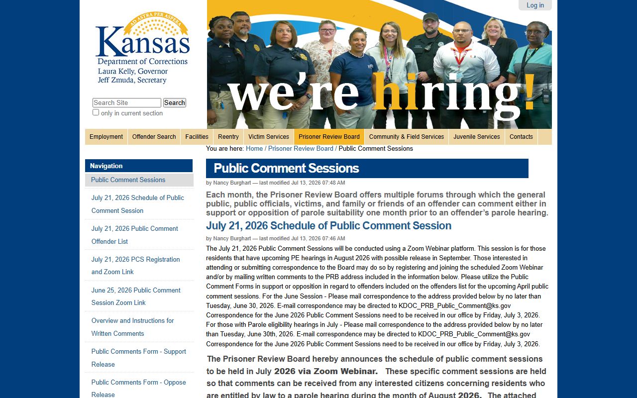 Harper County parole release hearing calendar from the Kansas Prisoner Review Board